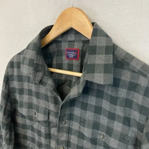 Untuckit Flannel Button Up Shirt Mens Medium Green Plaid Vigouroux Wrinkle Free - Picture 9 of 15